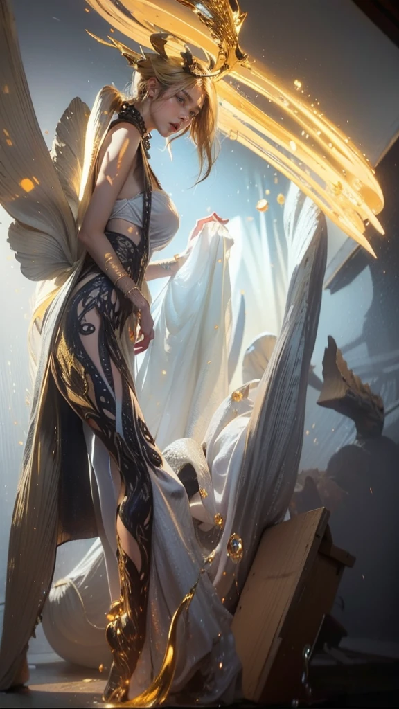 Light yellow hair, yellow eyes, vivid colors, white dress, paint splash, simple background, ray tracing, wavy hair, golden claw