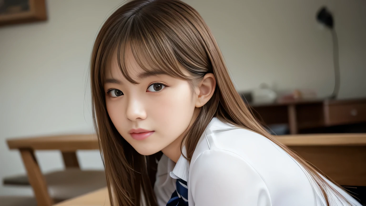 (Detailed skin:1.2),(Glowing Skin:1.1),8k,Highest quality, masterpiece, Ultra-high resolution,(Realistic:1.4), RAW Photos,(Soft Saturation:1.3),(Fair skin:1.2),Japanese Idols,repair,20 years, Light brown hair, (Shoresurf:1.2)、(Long Hairstyles:1.2), Asymmetrical hair, Asymmetrical bangs (Pretty face:1.4), (Large Breasts, Tight waist), Beautiful lighting, Small Head, (school uniform:1.2,),Highly detailed face, Highly detailed lips, fine grain, double eyelid,(Full Body Shot), Browsing Caution, (Sharp focus: 1.2), (Perfect Anatomy、Beautiful woman with perfect figure: 1.2)、Random sexy poses,Accentuate the lines of your legs、smile
