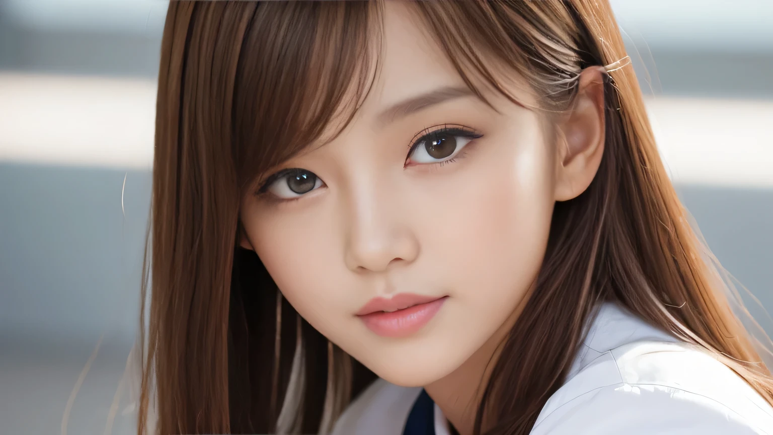 (Detailed skin:1.2),(Glowing Skin:1.1),8k,Highest quality, masterpiece, Ultra-high resolution,(Realistic:1.4), RAW Photos,(Soft Saturation:1.3),(Fair skin:1.2),Japanese Idols,repair,20 years, Light brown hair, (Shoresurf:1.2)、(Long Hairstyles:1.2), Asymmetrical hair, Asymmetrical bangs (Pretty face:1.4), (Large Breasts, Tight waist), Beautiful lighting, Small Head, (school uniform:1.2,),Highly detailed face, Highly detailed lips, fine grain, double eyelid,(Full Body Shot), Browsing Caution, (Sharp focus: 1.2), (Perfect Anatomy、Beautiful woman with perfect figure: 1.2)、Random sexy poses,Accentuate the lines of your legs、smile