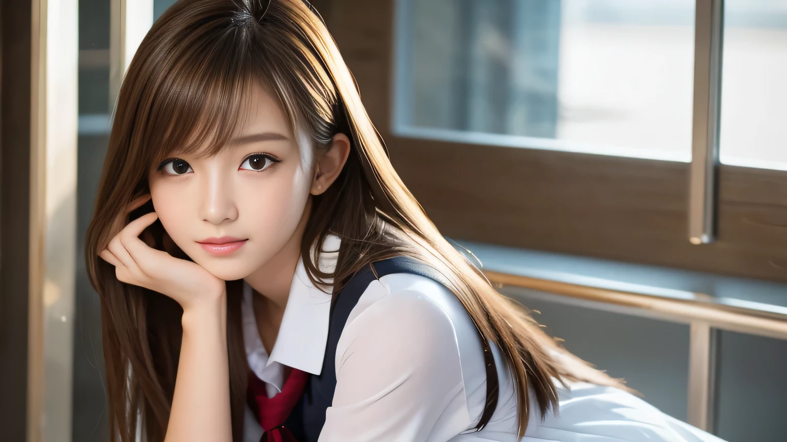 (Detailed skin:1.2),(Glowing Skin:1.1),8k,Highest quality, masterpiece, Ultra-high resolution,(Realistic:1.4), RAW Photos,(Soft Saturation:1.3),(Fair skin:1.2),Japanese Idols,repair,20 years, Light brown hair, (Shoresurf:1.2)、(Long Hairstyles:1.2), Asymmetrical hair, Asymmetrical bangs (Pretty face:1.4), (Large Breasts, Tight waist), Beautiful lighting, Small Head, (school uniform:1.2,),Highly detailed face, Highly detailed lips, fine grain, double eyelid,(Full Body Shot), Browsing Caution, (Sharp focus: 1.2), (Perfect Anatomy、Beautiful woman with perfect figure: 1.2)、Random sexy poses,Accentuate the lines of your legs、smile