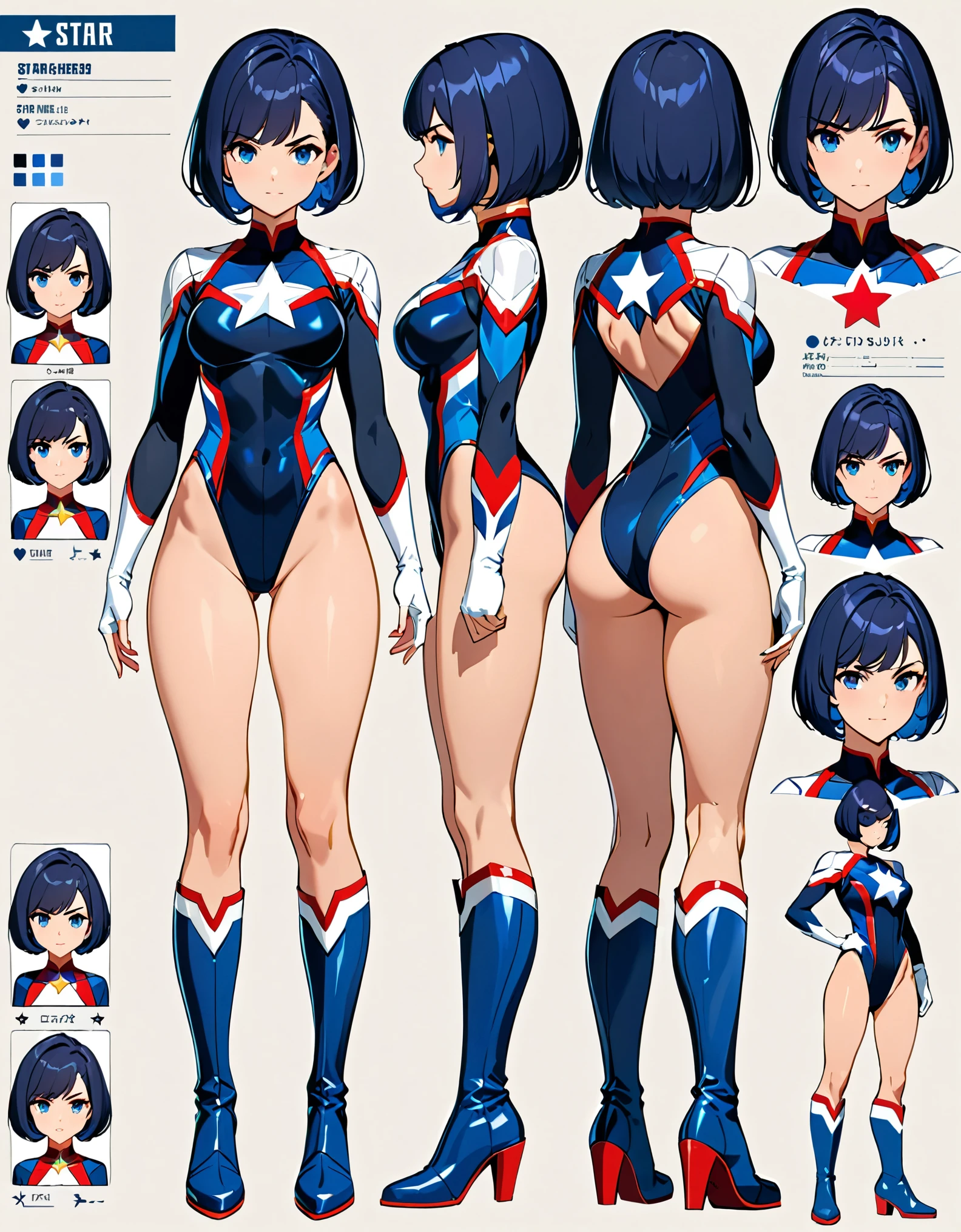 masterpiece, best quality, 1girl, superhero, ((leotard, dark blue leotard)), long sleeves, bare legs, boots, dark blue boots, matching boots, medium breasts, standing, standing straight, dark blue hair, ((short hair, bob hair)), blue eyes, beautiful detailed eyes, beautiful detailed face, cute face, (perfect hands, complete fingers, perfect anatomy, perfect proportions),((star symbol on the chest)), serious, full body with costume. Simple background, Multiple Views, Character Sheet Full-Length.