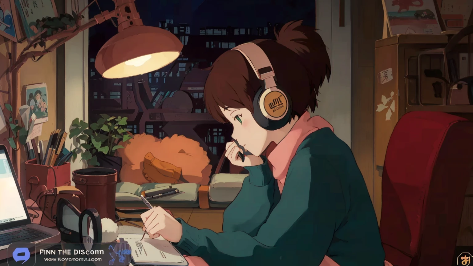 A cartoon character wearing headphones and sitting at a desk with a laptop, LOFI Girl, Lofi Artstyle, satoshi kon artstyle, Lofi Art, Ghibli anime style style, Anime movie screenshots, Ghibli anime style, LOFI Girl aesthetic, Chihiro! fujisaki, Lo-fi feeling, Ghibli Studio Anime Style, Studio Ghibli Anime Screenshots,8k