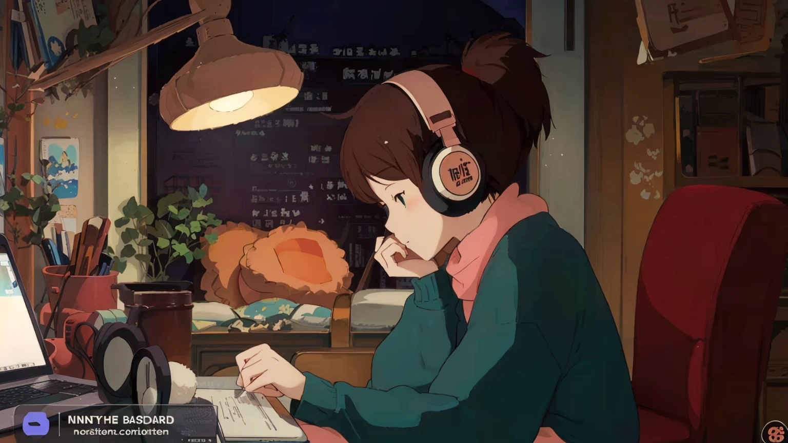 A cartoon character wearing headphones and sitting at a desk with a laptop, LOFI Girl, Lofi Artstyle, satoshi kon artstyle, Lofi Art, Ghibli anime style style, Anime movie screenshots, Ghibli anime style, LOFI Girl aesthetic, Chihiro! fujisaki, Lo-fi feeling, Ghibli Studio Anime Style, Studio Ghibli Anime Screenshots,8k