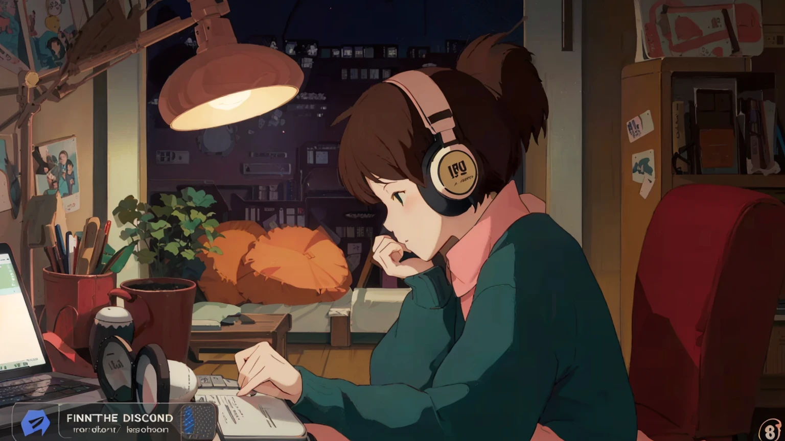 A cartoon character wearing headphones and sitting at a desk with a laptop, LOFI Girl, Lofi Artstyle, satoshi kon artstyle, Lofi Art, Ghibli anime style style, Anime movie screenshots, Ghibli anime style, LOFI Girl aesthetic, Chihiro! fujisaki, Lo-fi feeling, Ghibli Studio Anime Style, Studio Ghibli Anime Screenshots,8k