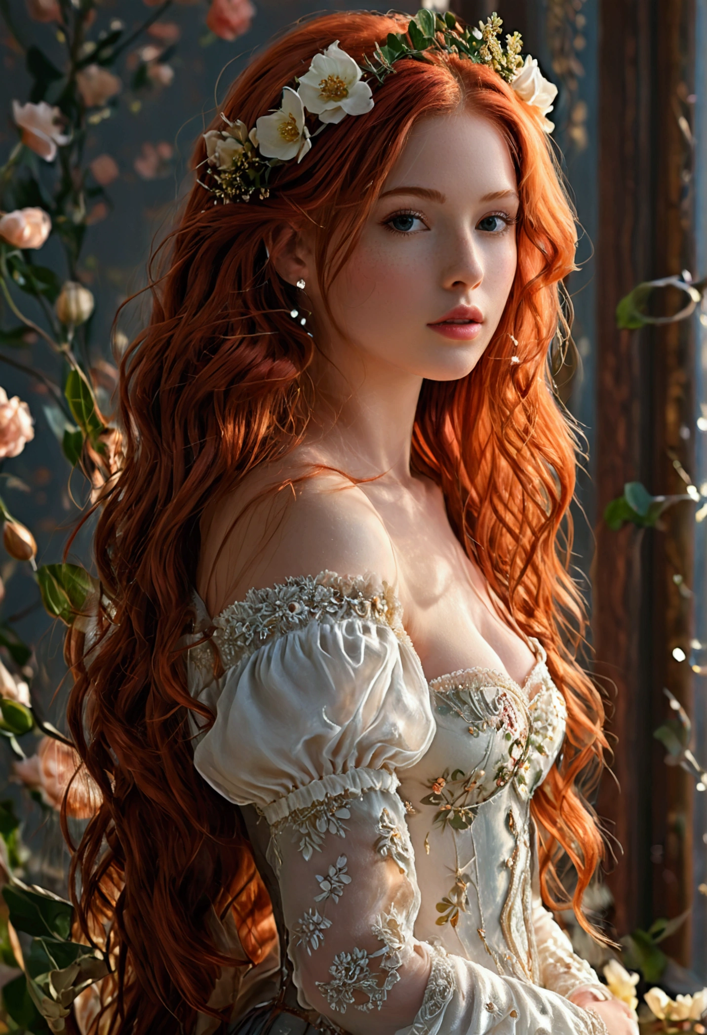 (((masterpiece))), best quality, illustration, 4K wallpaper, cinematic light, Absurdres, (full body shot:1) photorealistic image of a (standing pose:1) ultrarealistic, photography, long red hair, woman, 24 years old, hourglass figure, perfect body, Flirty look, natural medium breasts, red hair, glow hair, bloom hair, clothing princess, looking front