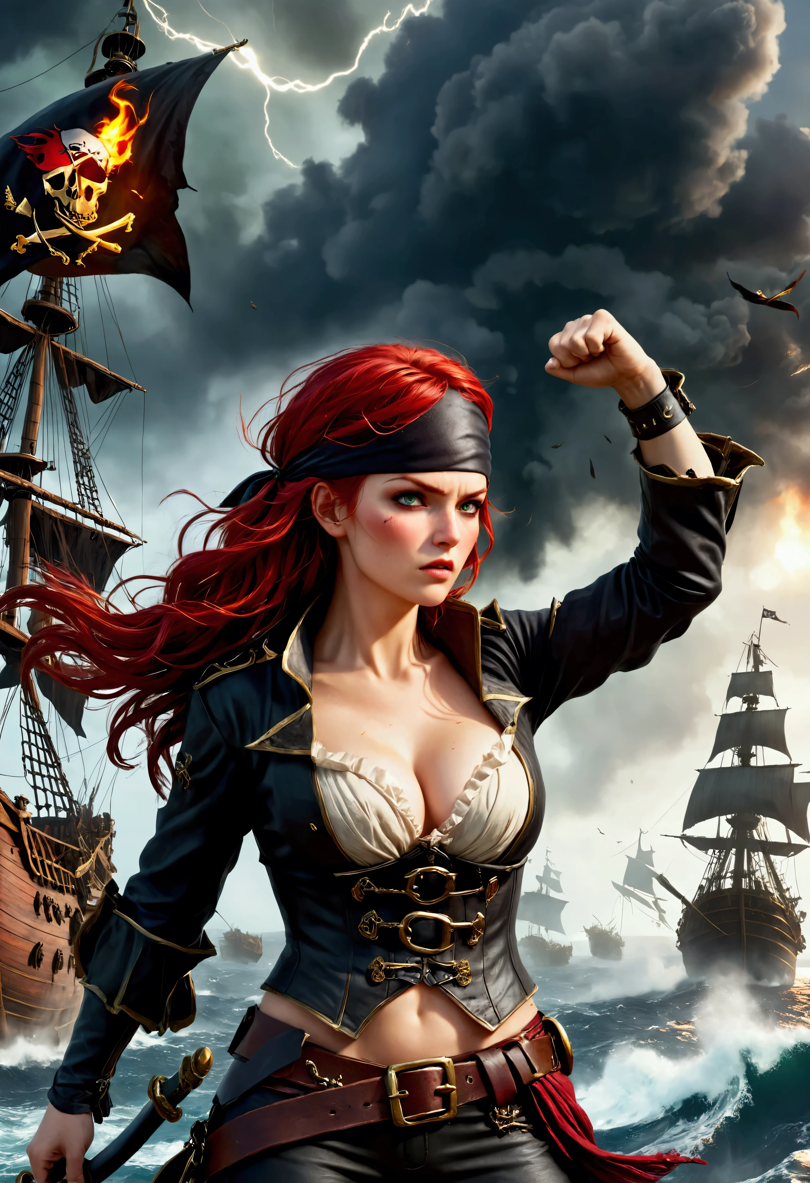 Create a breathtaking, ultra-high-definition image in 16K resolution that captures the adventurous and stylized essence of a pirate world realistic photo aesthetic. | Visualize a stunning female pirate with vibrant red hair cascading down her back, adorned with a traditional pirate hat featuring a feather. She has a fierce and determined expression, exuding both beauty and power. Her eyes are a captivating green, and she has a slight scar on her cheek, adding to her rugged charm. She is dressed in a classic pirate outfit with a modern twist: a flowing white blouse, a leather corset, a wide belt with a large buckle, and tall boots. Her attire should blend traditional pirate elements with subtle contemporary accents.| The scene is set on a pirate war battleground with a chaotic mix of ships, cannons, and smoke. The sky is filled with dark storm clouds and flashes of lightning, adding a dramatic and intense atmosphere. The sea is rough, with waves crashing against the ships. Debris and remnants of battle are scattered around, enhancing the wild and untamed setting.| Capture the pirate in a victorious pose, with one hand lifting a tattered pirate flag high above her head and the other hand clenched into a fist. Her posture should convey triumph and strength, with her body turned slightly to showcase her dynamic pose. The camera angle should emphasize her full body, highlighting the details of her outfit and her confident, fierce expression. | Ensure anatomical correctness, with a focus on ultra-detailed textures and high-quality rendering, capturing every nuance of the pirate's appearance and her intense surroundings. This masterpiece should embody the spirit of adventure and resilience, immersing viewers in its lifelike depiction. | Keywords: (beautiful red-haired pirate:1.3), ((realistic photo)), ((fierce expression):1.2), ((pirate war battleground)), ((victorious pose)).