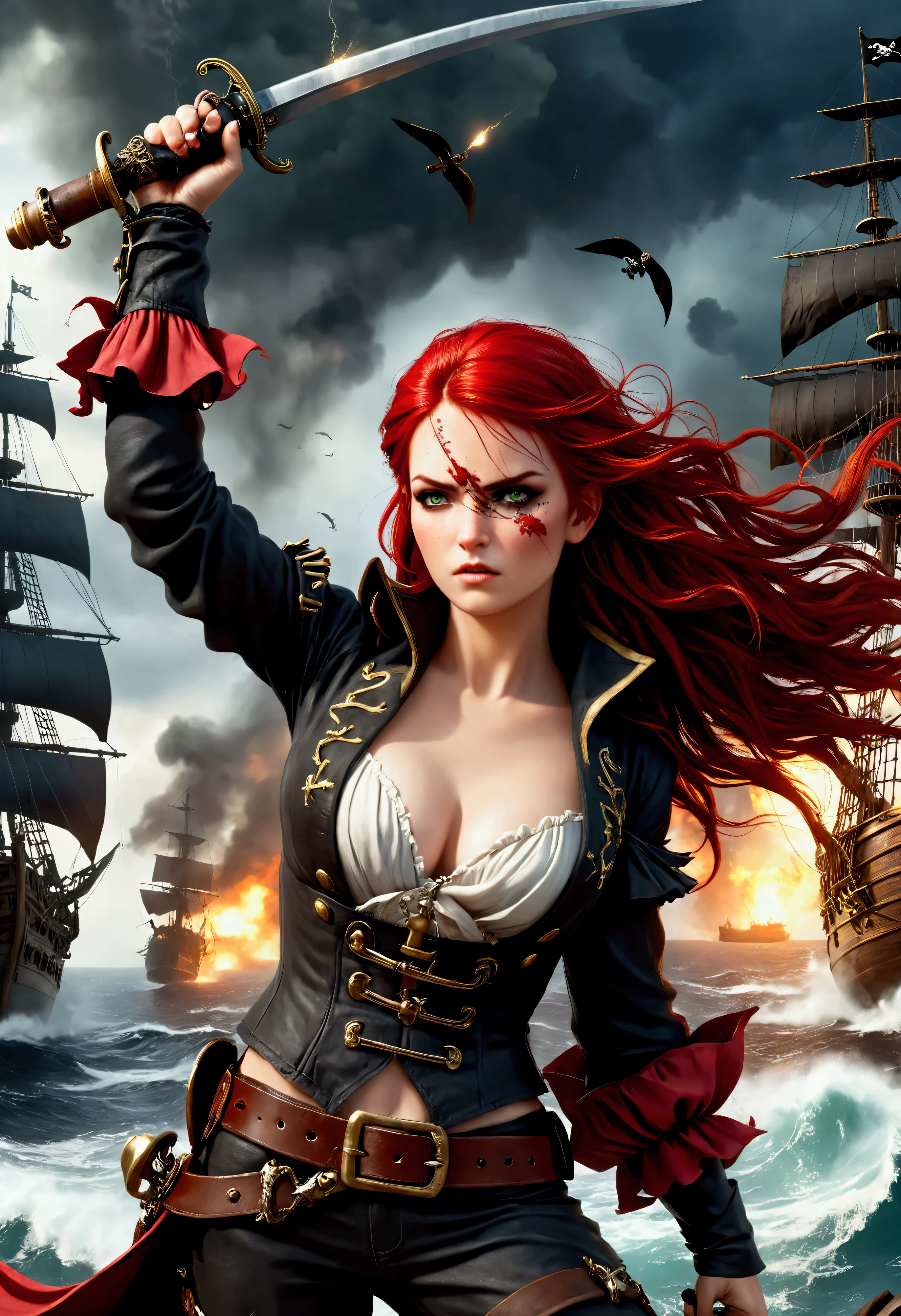 Create a breathtaking, ultra-high-definition image in 16K resolution that captures the adventurous and stylized essence of a pirate world realistic photo aesthetic. | Visualize a stunning female pirate with vibrant red hair cascading down her back, adorned with a traditional pirate hat featuring a feather. She has a fierce and determined expression, exuding both beauty and power. Her eyes are a captivating green, and she has a slight scar on her cheek, adding to her rugged charm. She is dressed in a classic pirate outfit with a modern twist: a flowing white blouse, a leather corset, a wide belt with a large buckle, and tall boots. Her attire should blend traditional pirate elements with subtle contemporary accents.| The scene is set on a pirate war battleground with a chaotic mix of ships, cannons, and smoke. The sky is filled with dark storm clouds and flashes of lightning, adding a dramatic and intense atmosphere. The sea is rough, with waves crashing against the ships. Debris and remnants of battle are scattered around, enhancing the wild and untamed setting.| Capture the pirate in a victorious pose, with one hand lifting a tattered pirate flag high above her head and the other hand clenched into a fist. Her posture should convey triumph and strength, with her body turned slightly to showcase her dynamic pose. The camera angle should emphasize her full body, highlighting the details of her outfit and her confident, fierce expression. | Ensure anatomical correctness, with a focus on ultra-detailed textures and high-quality rendering, capturing every nuance of the pirate's appearance and her intense surroundings. This masterpiece should embody the spirit of adventure and resilience, immersing viewers in its lifelike depiction. | Keywords: (beautiful red-haired pirate:1.3), ((realistic photo)), ((fierce expression):1.2), ((pirate war battleground)), ((victorious pose)).