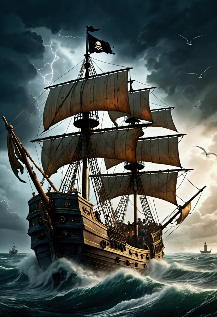 (Pirate War), On the stormy sea, two pirate ships fiercely clashed under the illumination of lightning. The sky is covered with dark clouds, thunder is roaring, the waves are rolling with huge foam, and the ships are shaking. On the deck, pirates wielding curved knives and firearms fought in the fierce wind, with flags fluttering in the wind. One of the flags was painted with skeletons and crossed bones. The seawater splashes up, and in the moment of illumination, one can see the crew's ferocious faces and waving weapons. In the background, the lighthouse in the distance appeared faintly in the storm, as if guiding lost ships, captivating chiaroscuro, dynamic movement, astropunk, full body, (special effects:0.1), award-winning, cinematic still, emotional, vignette, dynamic, vivid, (masterpiece, best quality, photorealistic, Professional, perfect composition, very aesthetic, absurdres, ultra-detailed, intricate details:1.3)