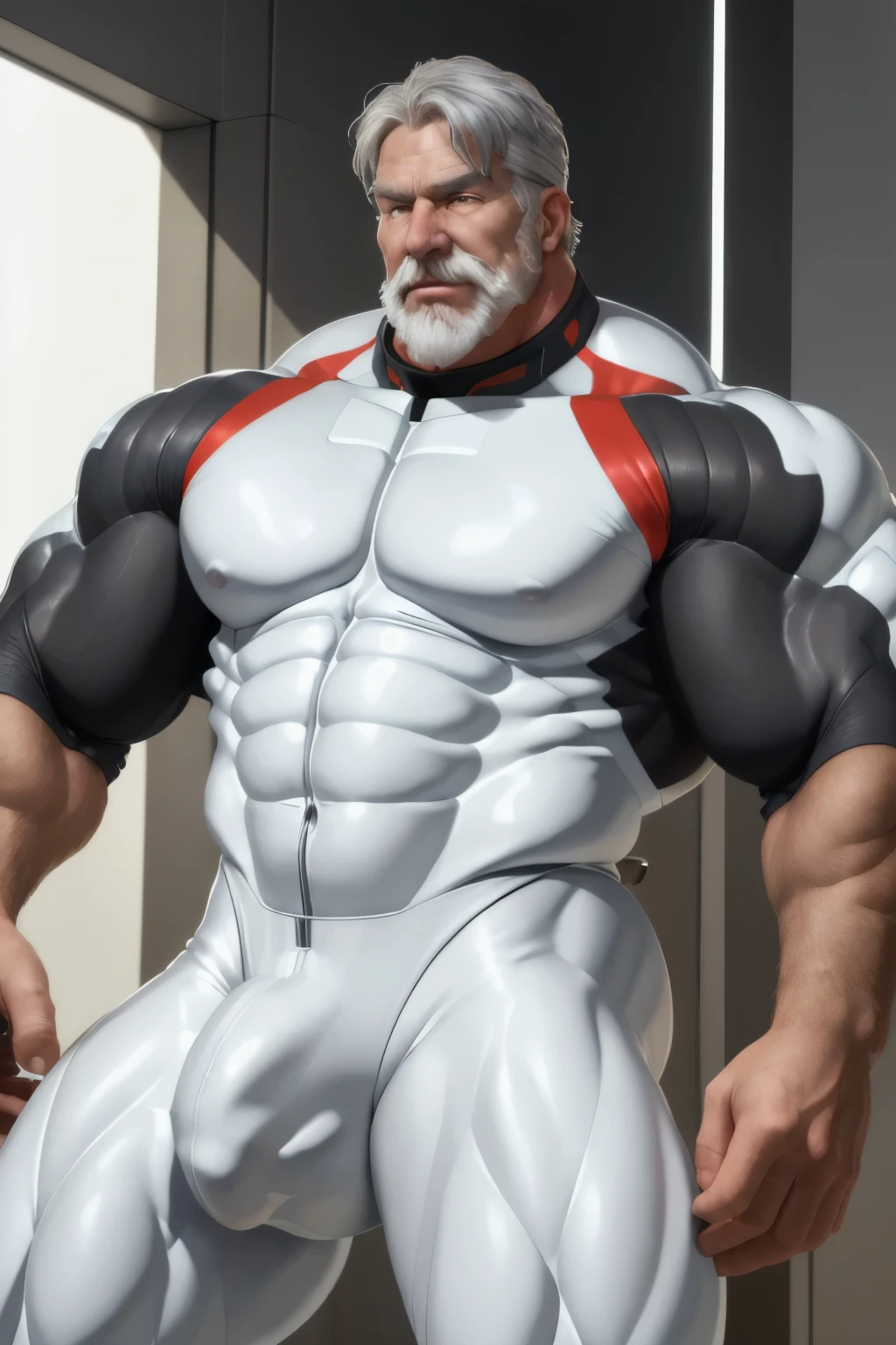 (masterpiece, best quality), 1 old man, handsome beautiful face, muscle male, beautiful body, wearing ayanami plugsuit, bodysuit, interface headset, white bodysuit, nice bulge, nicebulge,