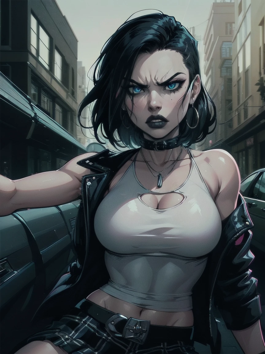 a woman with medium black hair, hair on shoulders,  wearing plaid skirt, black jacket,  blue eyes, gothic art, cute aesthetic with vibe, toon aesthetic, wearing gothic accessories, look like Cassie Hack, upper body, angry,  driving on the motocicle, street background, dinamic poses