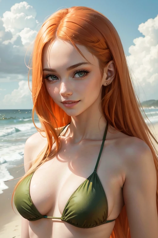 (masterpiece), best quality, expressive eyes, perfect face, one pretty girl, solo, orange hair, long straight hair, pale skin, perfect, makeup, small nose, green eyes, lips, collarbone, large cleavage, at the beach, bikini, sexy