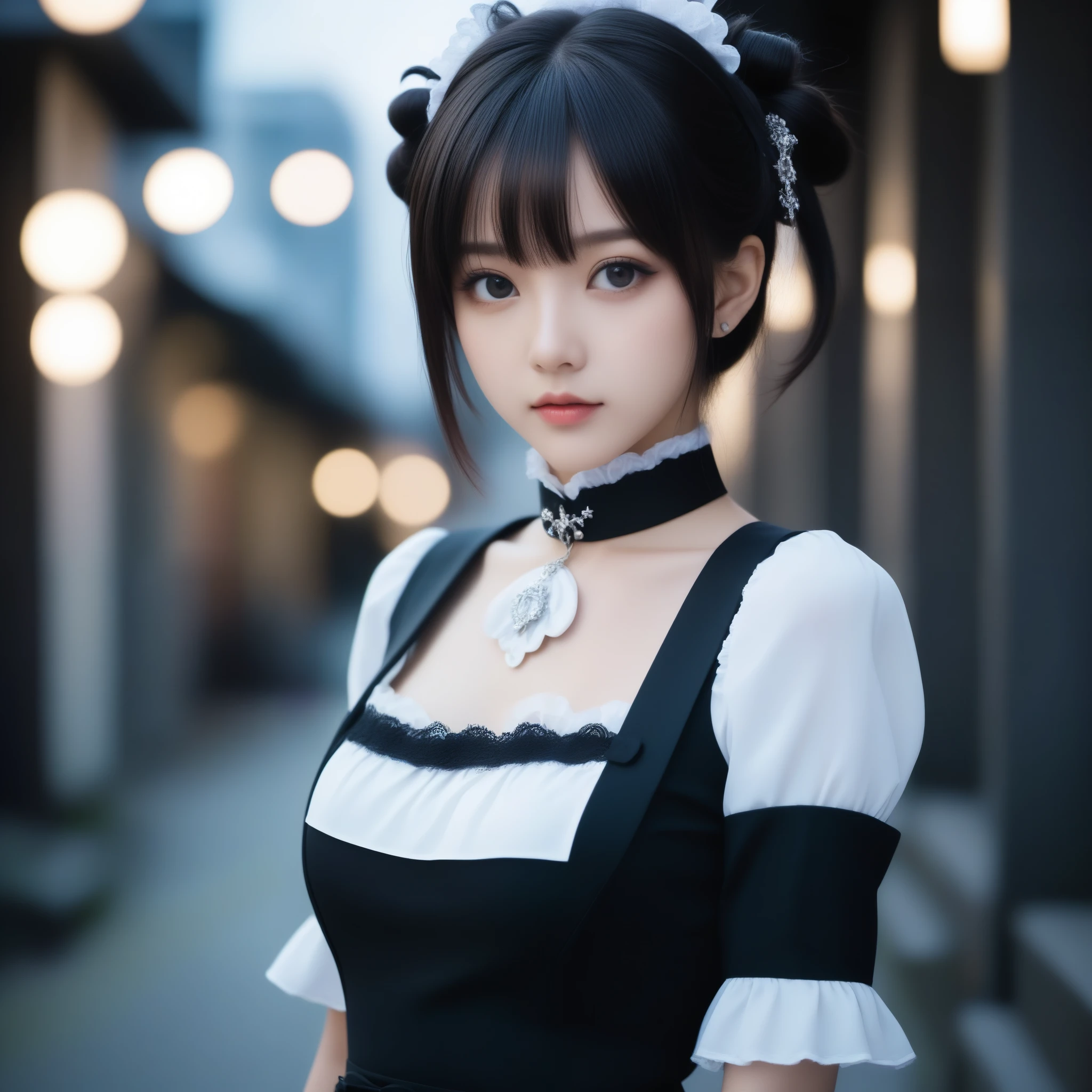 8k, Ultra-high resolution, Highest quality, masterpiece, 三分割法によるphotograph,Surreal, photograph, 1 Girl, (16 years old:1.3), pretty girl, Cute Face, Beautiful eyes in every detail, 細かくdetailedに,masterpiece,One Girl:1.2,Japanese female announcer,extream close up,Serious expression,Black short hair,Short ponytail,Maid Android,((Fusion of Gothic Lolita and Lolita fashion:1.3)),bracelet, chest, choker, clavicle, Earrings,Futuristic cityscape ,Perfect and beautiful face ,完璧でCute Face, Skin with attention to detail, Perfect limbs、Narrow waist,Looking at the audience,(((Ideal body type))),Aカップの小さなchest :2,Portraiture:2,Perfect Anatomy,鮮明なdetailed,detailed,Surreal,Light and shadow,spotlight