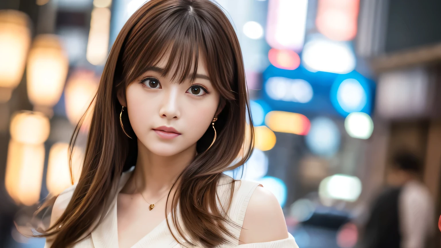 Ultra-high resolution, Superior Quality, Highest quality, Super detailed, Realistic, 8k, RAW Photos, Highest quality, masterpiece, Attractive girl, A wonderful girl, Brown Hair, Shoulder-length layered, Asymmetrical bangs, Japanese Idols, Sophisticated, stylish, blouse,Shibuya Ward, 