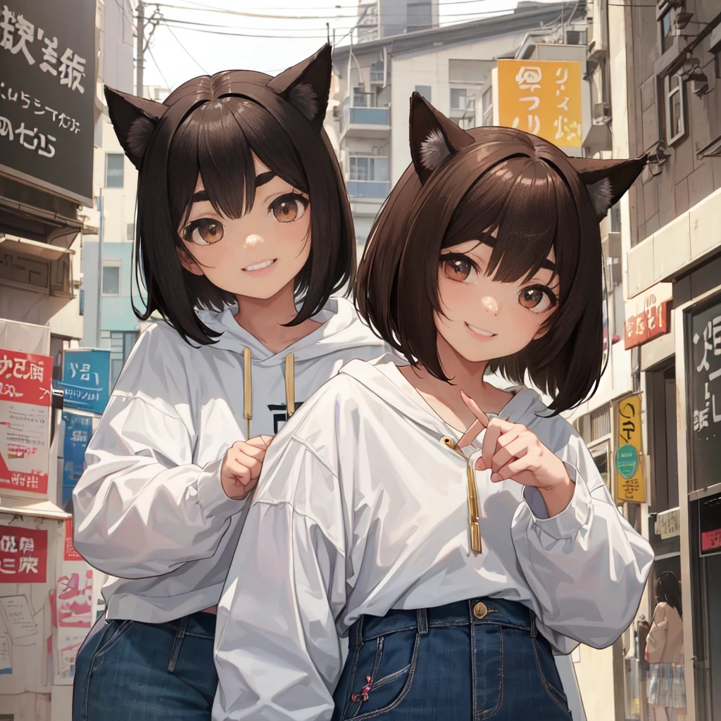 Thick eyebrows、Bob、Brown Hair、ocher eyes、smile、Dog ears、Dropped ears、girl、 solo Gaze, tooth,