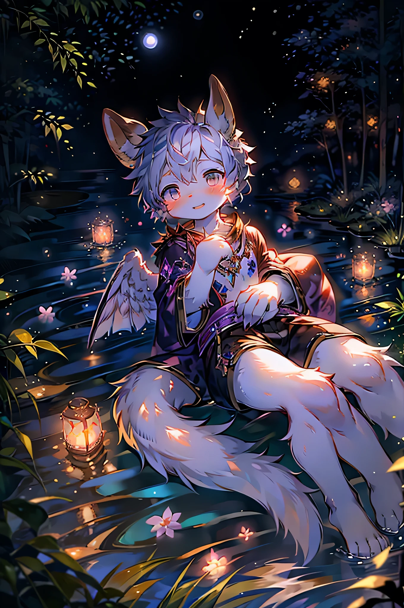 Deer antlers. Anime style of Onmyoji. Bright particles. A pair of white wings behind the bright moon. Ink style. Plum blossom forest. A fan in hand. Fluffy snow-white tail two-legged white cat