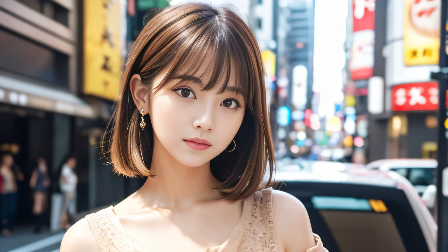 Ultra-high resolution, Superior Quality, Highest quality, Super detailed, Realistic, 8k, RAW Photos, Highest quality, masterpiece, Attractive girl, A wonderful girl, Brown Hair, Shoulder-length layered, Asymmetrical bangs, Japanese Idols, Sophisticated, stylish, blouse,Shibuya Ward, 