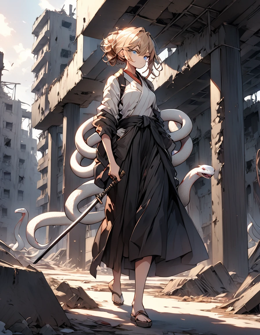 A powerful woman stands in a post-apocalyptic urban ruin. She has short, wavy light brown hair up to her neck and large, expressive hazel eyes. She wears samurai-style pants and traditional hakama from the waist down, with her torso wrapped in old, twisted bandages. Wrapped around her bandaged torso is a mythical and threatening white snake, approximately 3 meters long, with vibrant blue eyes. She holds two long katanas, one in each hand, and the third katana is held by the snake in its mouth.

The scene is in an anime style with bold lines, stylized shadows, and vibrant colors. The woman is in a defiant and powerful pose amidst the ruins, ready for battle, with dramatic lighting highlighting her and the snake. The background features detailed destroyed buildings, emphasizing the post-apocalyptic setting.