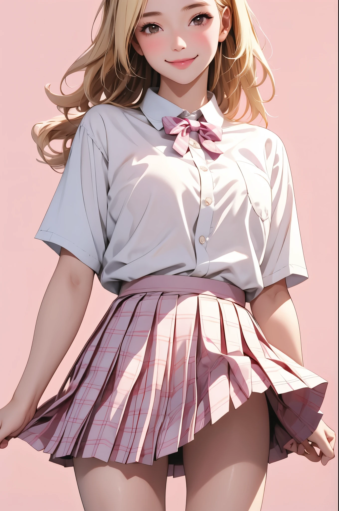 high resolution,smile,woman,woman1人,adult,Clear,cute, Blonde Hair,BREAK, Brown eyes,BREAK, high school girl,uniform,White shirt,Pink checkered pleated skirt,BREAK, Facing forward,BREAK,Pink background,