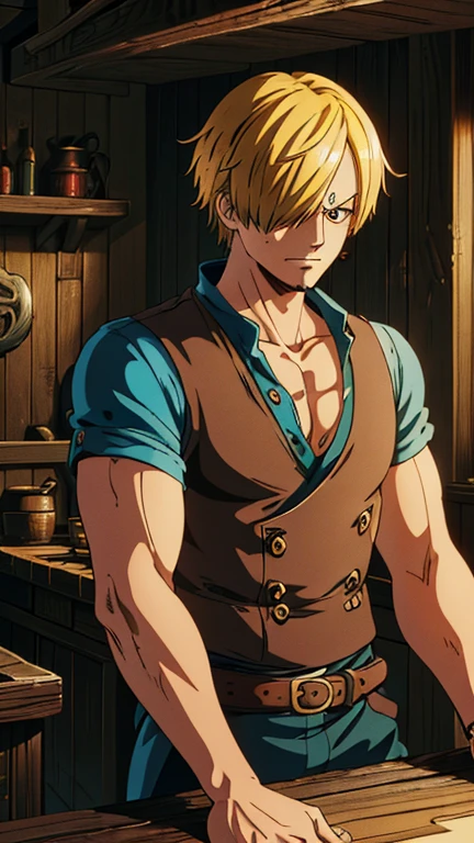 (1man, sanji2), (extremely detailed CG unit 8k wallpaper),(master part), (best quality), (ultra detail), (best illustration),(ghibli style), cowboy shot, (Sharp eyeliner, ombre, detail eyes:1), dark tavern interiors background, ,break , (salvagepirateworld), upper body,