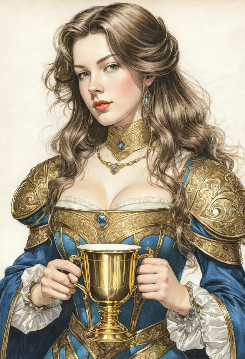 1) litography drawn by Pamela Colman Smith. 2) In pencil color, hd, with perfect body and face.  3) Castlevania style. 4) 10yp Girl with one gold cup in a hand