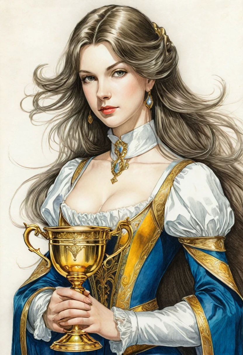 1) litography drawn by Pamela Colman Smith. 2) In pencil color, hd, with perfect body and face.  3) Castlevania style. 4) 10yp Girl with one gold cup in a hand