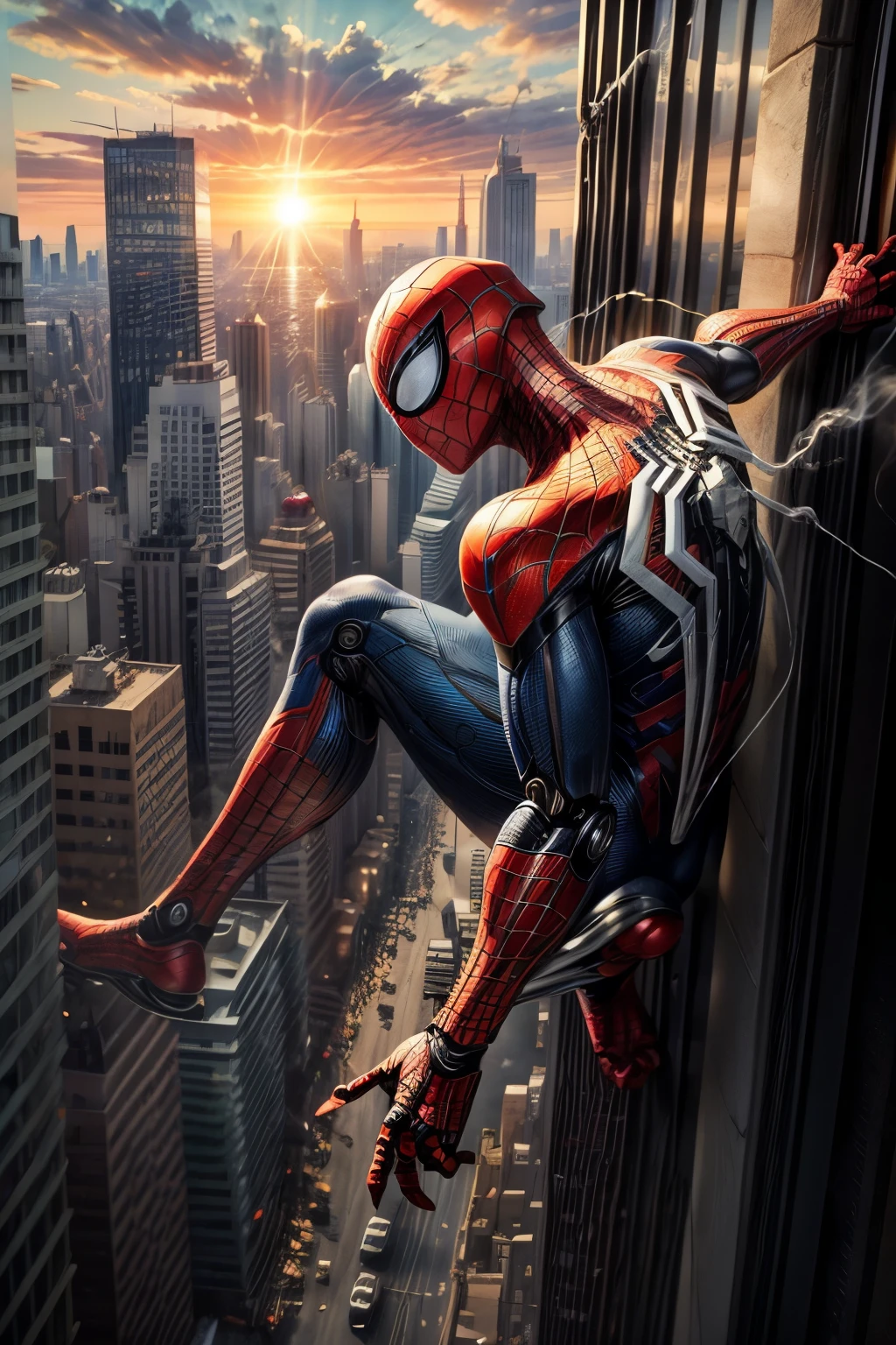 ((best quality)), ((masterpiece)), (detailed), robotic spiderman(full robot costum), (wearing gas mas)k is floating while shooting the webs wichis it comes out from his hands, in the city building from the outside 360° view at noon, sunset, the sky, clouds, builings, (colorfull)