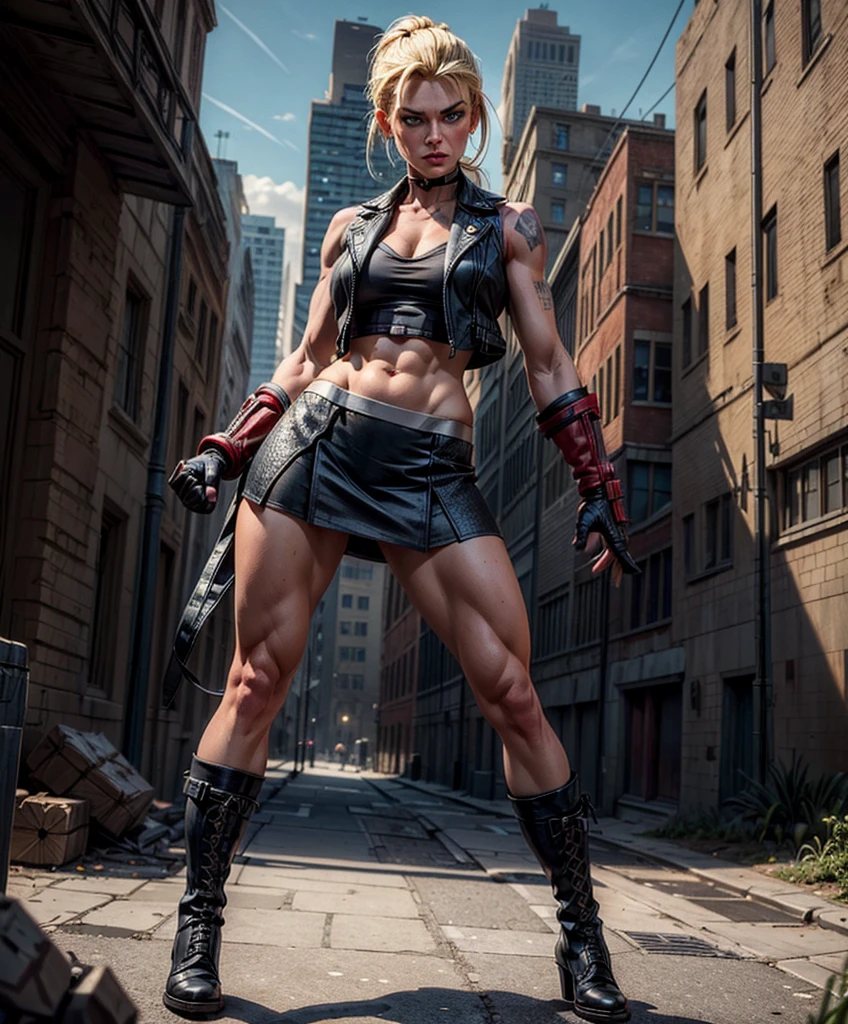 (((Full-length shot))),((Best quality)), ((masterpiece)), (detailed),muscular build and medium breasts .., wears an open black leather vest.., black leather gloves, a short skirt and heavy boots. She has a punk rock look and blonde hair pulled back into a ponytail.Hyper-realistic close-up photo of Cammy, blue eyes,(Photorealism: 1.4), Create dystopian masterpieces. Post-apocalyptic world. Pay attention to small details, sharp focus. The palms of the hands are clenched into fists.