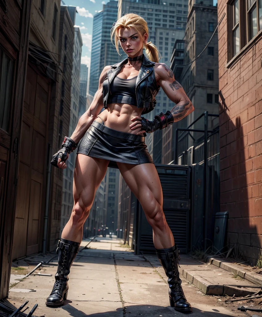 (((Full-length shot))),((Best quality)), ((masterpiece)), (detailed),muscular build and medium breasts .., wears an open black leather vest.., black leather gloves, a short skirt and heavy boots. She has a punk rock look and blonde hair pulled back into a ponytail.Hyper-realistic close-up photo of Cammy, blue eyes,(Photorealism: 1.4), Create dystopian masterpieces. Post-apocalyptic world. Pay attention to small details, sharp focus. The palms of the hands are clenched into fists.