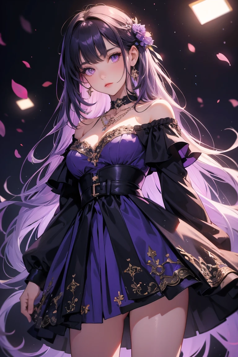 Off-the-shoulder dress，masterpiece, Highest quality, High resolution, 1 girl, Super High resolution, alone, stockings, Purple eyes, , Long Hair, bangs，necklace