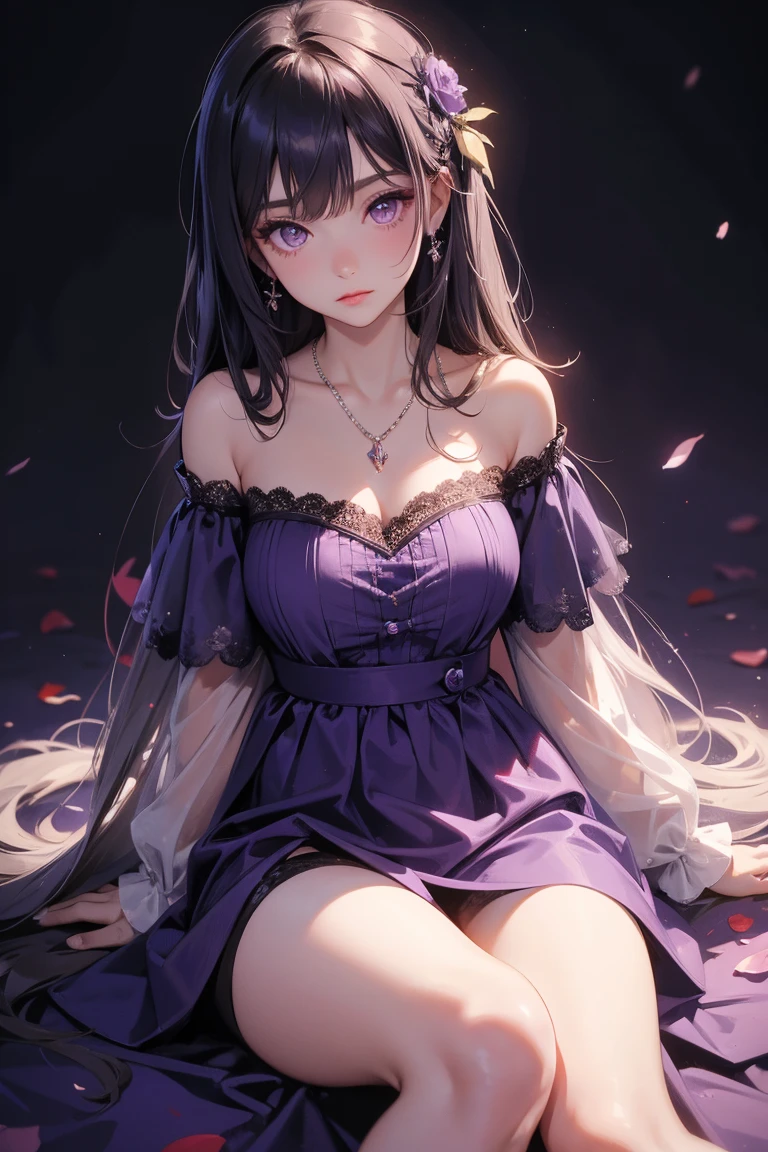 Off-the-shoulder dress,masterpiece, Highest quality, High resolution, 1 girl, Super High resolution, alone, stockings, Purple eyes, , Long Hair, bangs,necklace