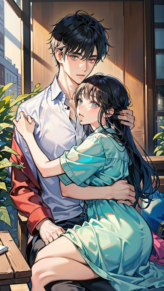 college student couple、Lovers、black hair girl、cute、droopy eyes、hug、tall man、Handsome guy、detailed face、バックhug、A woman sits on a man's lap、smile