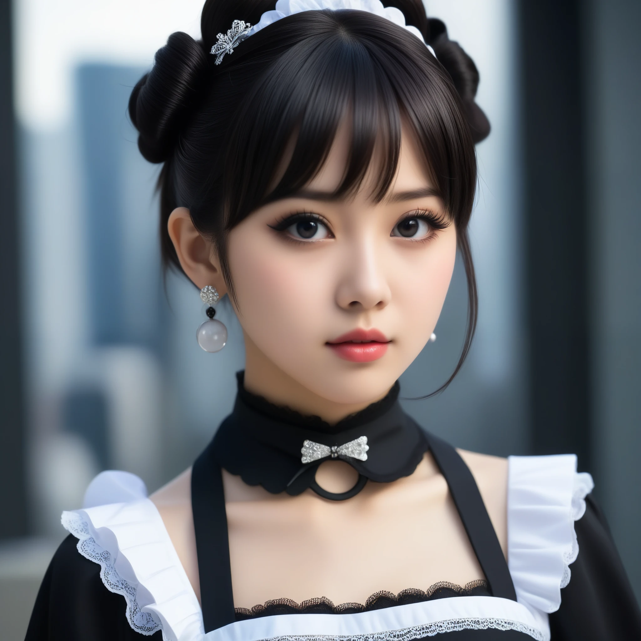 8k, Ultra-high resolution, Highest quality, masterpiece, 三分割法によるphotograph,Surreal, photograph, 1 Girl, (:1.3), pretty girl, Cute Face, Beautiful eyes in every detail, 細かくdetailedに,masterpiece,One Girl:1.2,Japanese female announcer,extream close up,Serious expression,Black short hair,Short ponytail,Maid Android,((Fusion of Gothic Lolita and La fashion:1,bracelet, chest, choker, clavicle, Earrings,Futuristic cityscape ,Perfect and beautiful face ,完璧でCute Face, Skin with attention to detail, Perfect limbs、Narrow waist,Looking at the audience,(((Ideal body type))),Aカップの小さなchest :2,Portraiture:2,Perfect Anatomy,鮮明なdetailed,detailed,Surreal,Light and shadow,spotlight