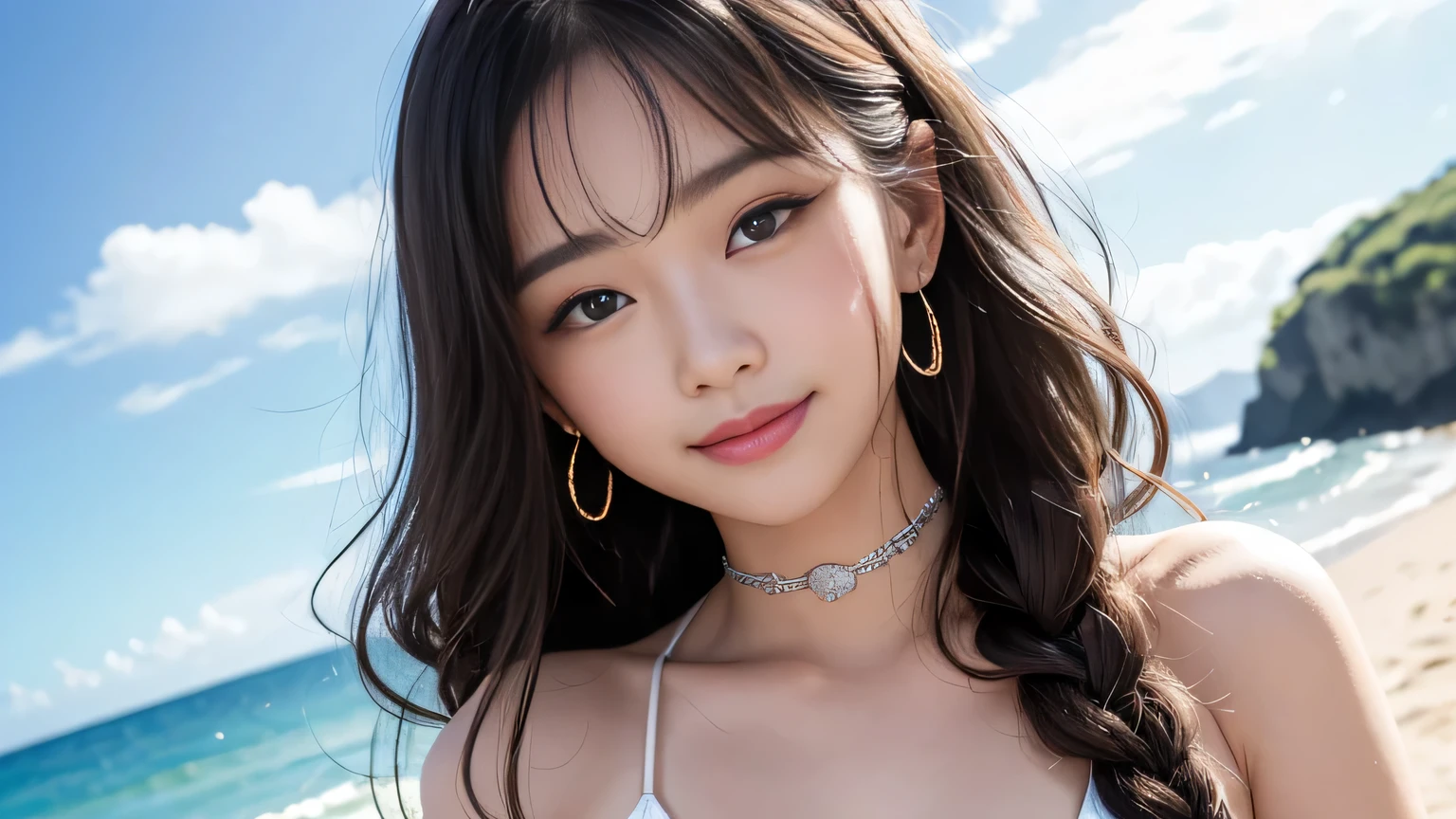 Beautiful Skin、Top Grade、Highest quality、Official Art、Large file size、Very detailed、High resolution、Very detailed、Beautiful detailed girl、Very detailedな目と顔、Beautiful and delicate eyelash lights、Cinema Lighting、、(perspective:1.2)、Day、Shine、Blur the background、Vague feelings、、Beautiful sky depicted in detail、Earrings、(Dynamic pose:1.2)、 (Lower Body:0.8)、Soft lighting、wind、{{Shine Skin、whole body,16-year-old girl、Teenage Girl、whole body photos、High heels、Outside the house、Hip width、Thick and tight、Lift above head、Beach、1 girl、Biggest、Mosaic print swimsuit、close、Stylish swimwear、{{Wavy Hair、Medium Long Hair、bionde、Braiding}}、、Outside the house、、Beach、、1 girl, alone, Day book girl、1 girl、gal、Beach、Biggest、Day、Shine、Blur the background、Vague feelings、Beautiful sky depicted in detail、Earrings、Soft lighting、wind、Shine Skin、choker、View your viewers、smile、whole body,Upper Eye,Inner thighs,)),Delta、profile、Gazing into the distance、Close your crotch、Vibrant、Bikini Swimwear、Sparkly Swimsuit、gal、Lots of eyelashes、Sparkles on the eyelids、Curly Hair。Looking at the audience、Micro bikini bite、Body Shot、Please stand up straight}}、smile、smile、Laughter、smile