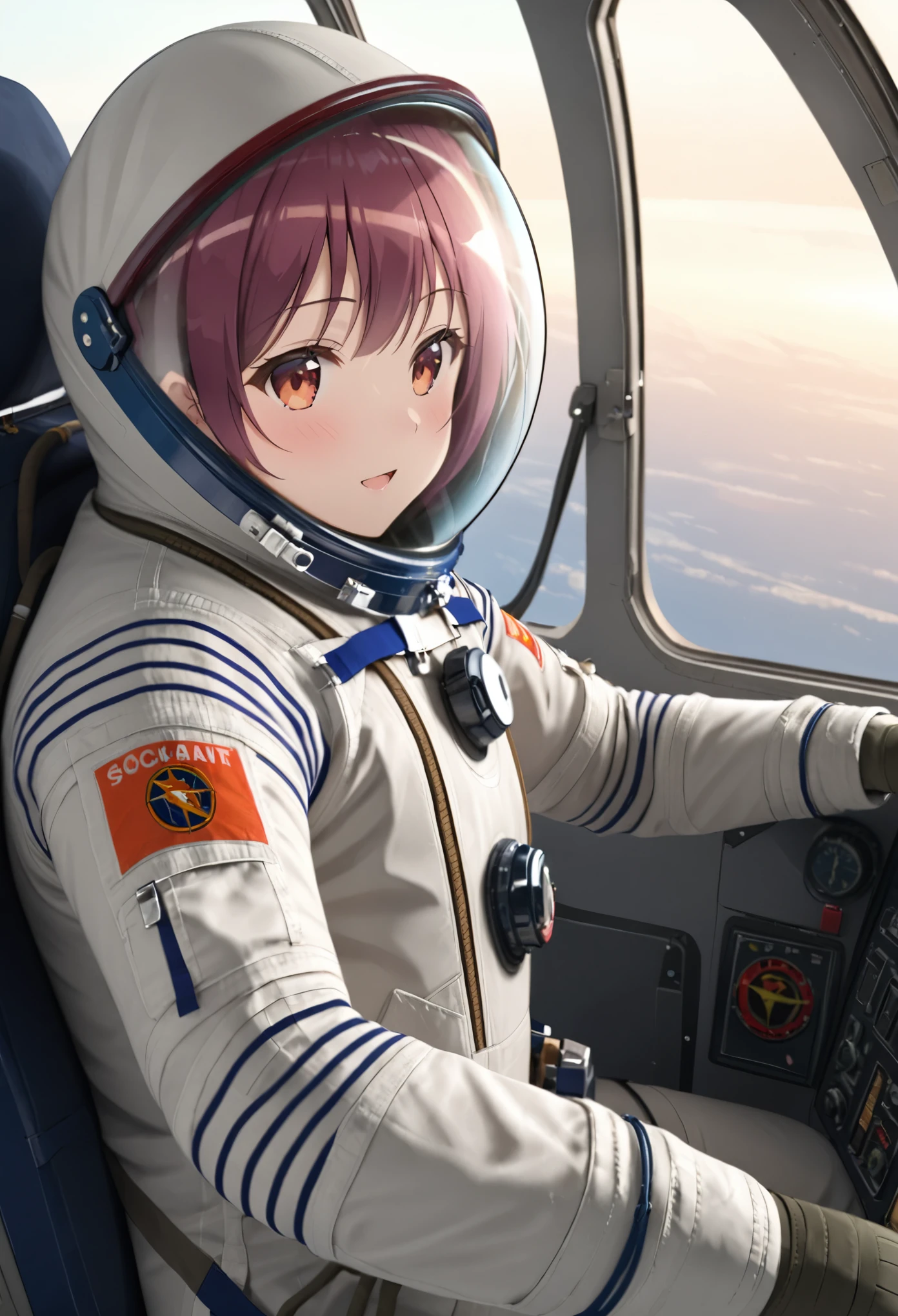 ((Female pilot in the cockpit of a reconnaissance plane), (airplane cockpit), (in flight), (10000 feet altitude)、(sky view):1.7),, short hair, street, emo, BLACK hair, white eyes, eyeliner, apocalypse, girl, nside the (cockpit:1.9) of a (futuristic spaceship:1.6), , blush,sitting on a chair, covered navel, space helmet, space helm, plug suit , space helmet, eva helm, space suit, short hair, spacesuit, astronaut
