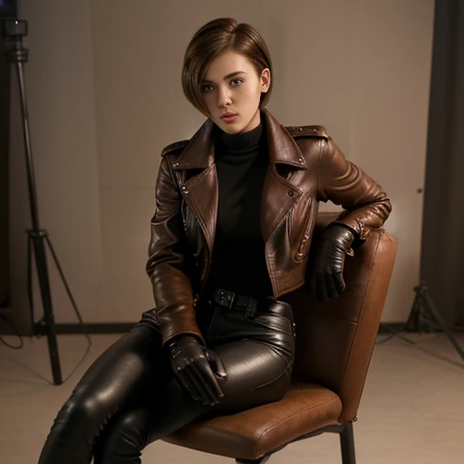 Realism, filming, Girl 23 years old, brunette, short haircut, big butt, ideal figure, wearing a leather coat, leather skinny pants, leather gloves. She is sitting on a chair