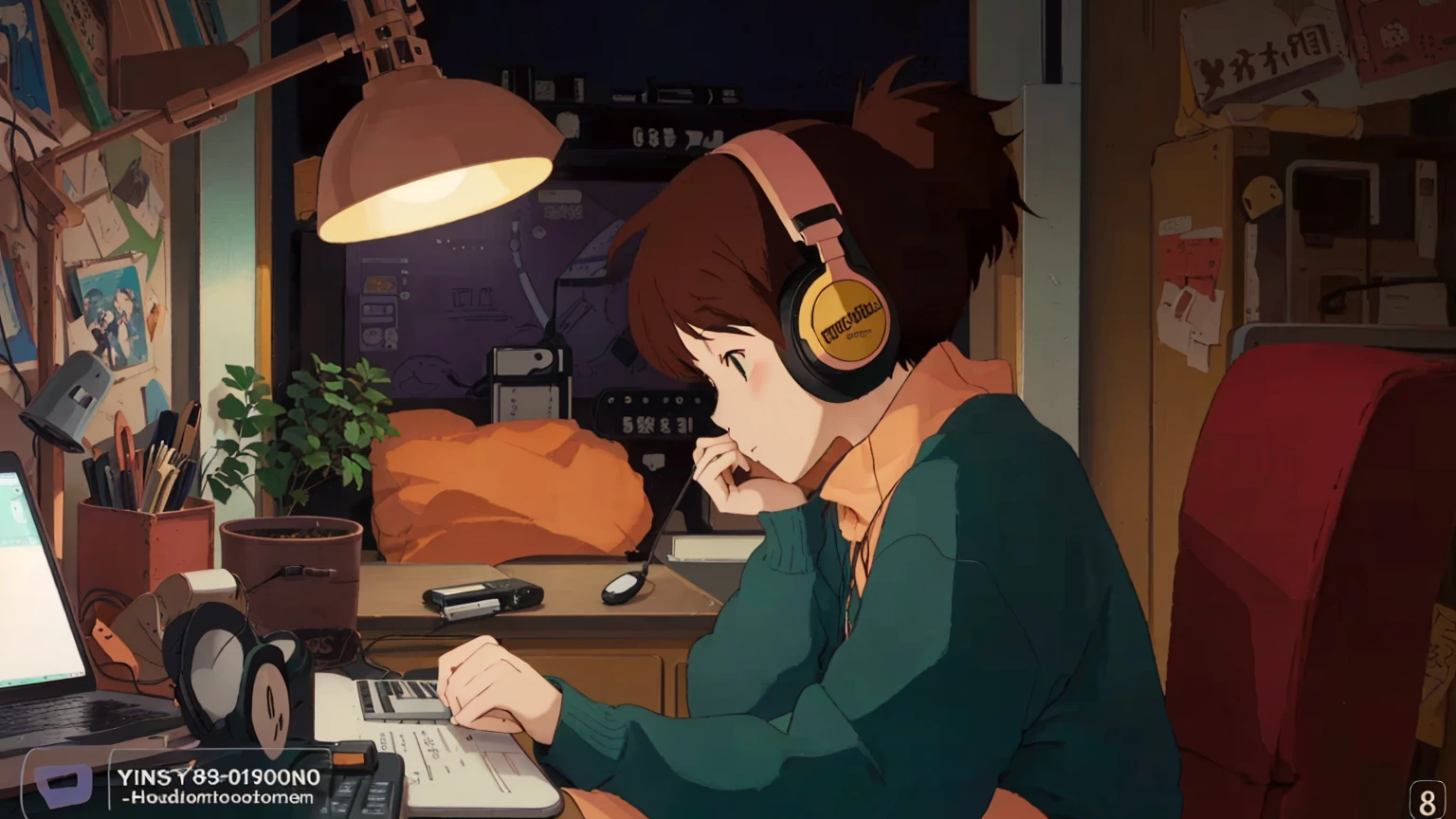 A cartoon character wearing headphones and sitting at a desk with a laptop, LOFI Girl, Lofi Artstyle, satoshi kon artstyle, Lofi Art, Ghibli anime style style, Anime movie screenshots, Ghibli anime style, LOFI Girl aesthetic, Chihiro! fujisaki, Lo-fi feeling, Ghibli Studio Anime Style, Studio Ghibli Anime Screenshots,8k