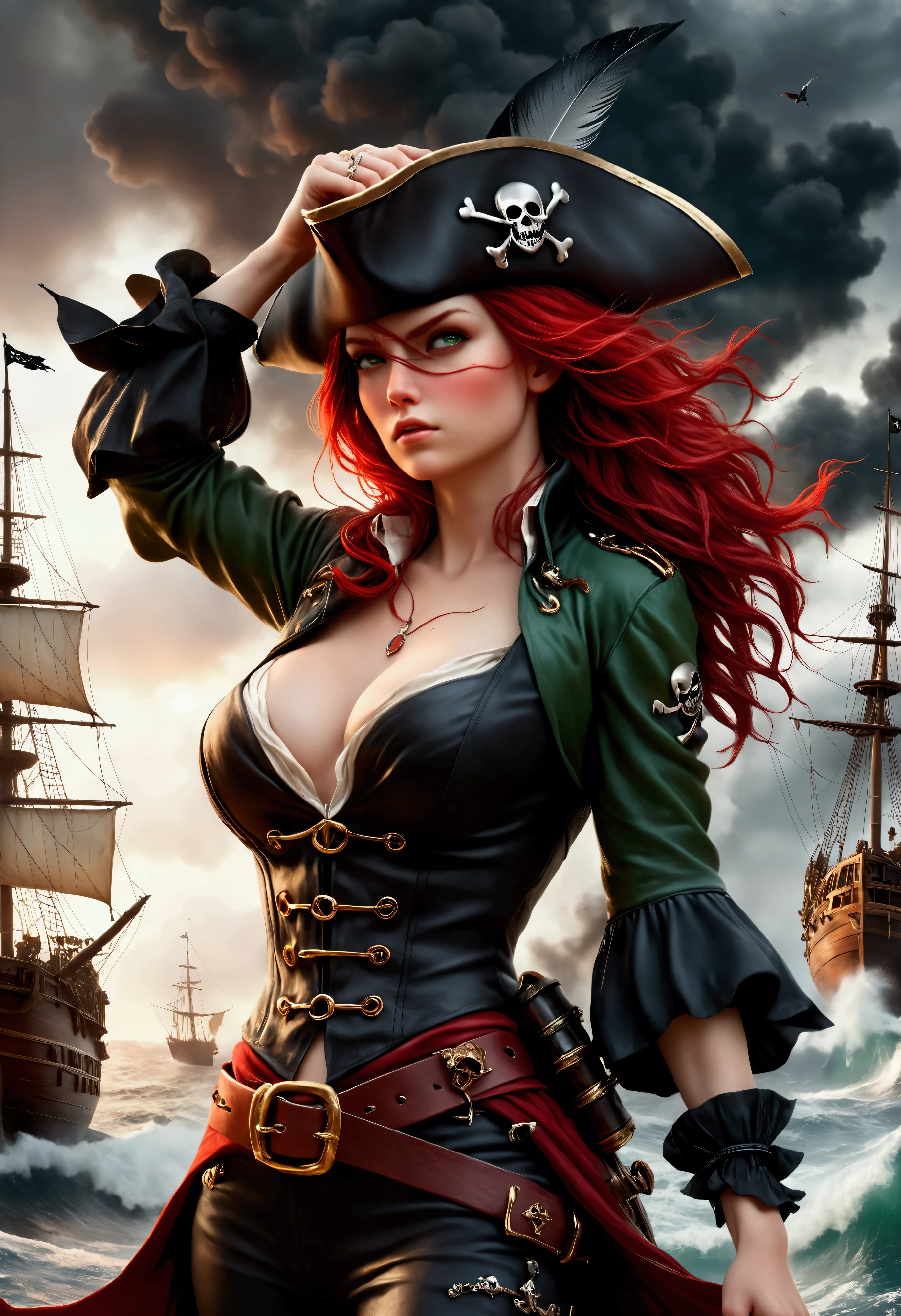 Create a breathtaking, ultra-high-definition image in 16K resolution that captures the adventurous and stylized essence of a pirate world realistic photo aesthetic. | Visualize a stunning female pirate with vibrant red hair cascading down her back, adorned with a traditional pirate hat featuring a feather. She has a fierce and determined expression, exuding both beauty and power. Her eyes are a captivating green, and she has a slight scar on her cheek, adding to her rugged charm. She is dressed in a classic pirate outfit with a modern twist: a flowing white blouse, a leather corset, a wide belt with a large buckle, and tall boots. Her attire should blend traditional pirate elements with subtle contemporary accents.| The scene is set on a pirate war battleground with a chaotic mix of ships, cannons, and smoke. The sky is filled with dark storm clouds and flashes of lightning, adding a dramatic and intense atmosphere. The sea is rough, with waves crashing against the ships. Debris and remnants of battle are scattered around, enhancing the wild and untamed setting.| Capture the pirate in a victorious pose, with one hand lifting a tattered pirate flag high above her head and the other hand clenched into a fist. Her posture should convey triumph and strength, with her body turned slightly to showcase her dynamic pose. The camera angle should emphasize her full body, highlighting the details of her outfit and her confident, fierce expression. | Ensure anatomical correctness, with a focus on ultra-detailed textures and high-quality rendering, capturing every nuance of the pirate's appearance and her intense surroundings. This masterpiece should embody the spirit of adventure and resilience, immersing viewers in its lifelike depiction. | Keywords: (beautiful red-haired pirate:1.3), ((realistic photo)), ((fierce expression):1.2), ((pirate war battleground)), ((victorious pose)).