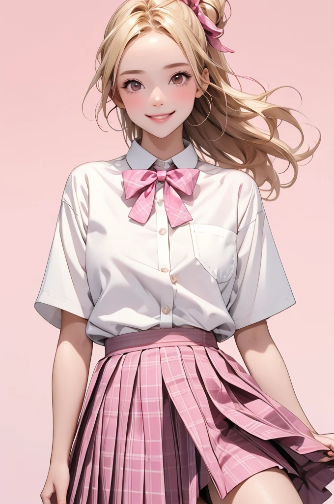 high resolution,smile,woman,woman1人,adult,Clear,cute, Blonde Hair,BREAK, Brown eyes,BREAK,
high school girl,uniform,White shirt,Pink checkered pleated skirt,Ribbon-shaped hairpin,BREAK,
Facing forward,BREAK,Pink background,