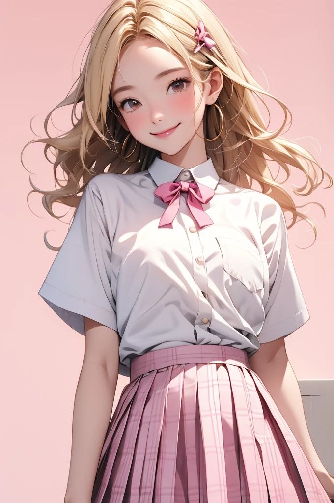high resolution,smile,woman,woman1人,adult,Clear,cute, Blonde Hair,BREAK, Brown eyes,BREAK,
high school girl,uniform,White shirt,Pink checkered pleated skirt,Ribbon-shaped hairpin,BREAK,
Facing forward,BREAK,Pink background,