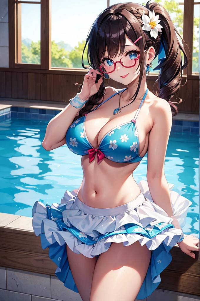 A beautiful girl in bikini walking next to a pool, 20 year old girl, anime girl, royal blue bikini printed with white flowers, filly bikini with microskirt, solo, looking to the side, big rounds breasts, cute round buttocks, dark brown hair, gradient bangs, long hair, hair over shoulder, french braid, ponytail, wavy hair, shiny hair, hairclip, hair flower, hair bow, heart-shaped eyewear on her head, aqua eyes, glowing eyes, pupils sparkling, hoop earrings, blush, licking lips, bright pupils, seductive smile, naughty face, red lips, glossy lips, excited, arms behind back, head tilt), heart pendant, skirt lift, perfect lighting, perfect shadows, pool edge, high detail, anime, anime style, chiaroscuro, glowing light, dithering, image fill, framed, head out of frame, multiple views, from behind, from side, panorama, perspective, atmospheric perspective, Wide-Angle, f/1.8, 85mm, Nikon, 8k, super detail, UHD, retina, masterpiece, accurate, anatomically correct, textured skin, high details, best quality, highres, 16k