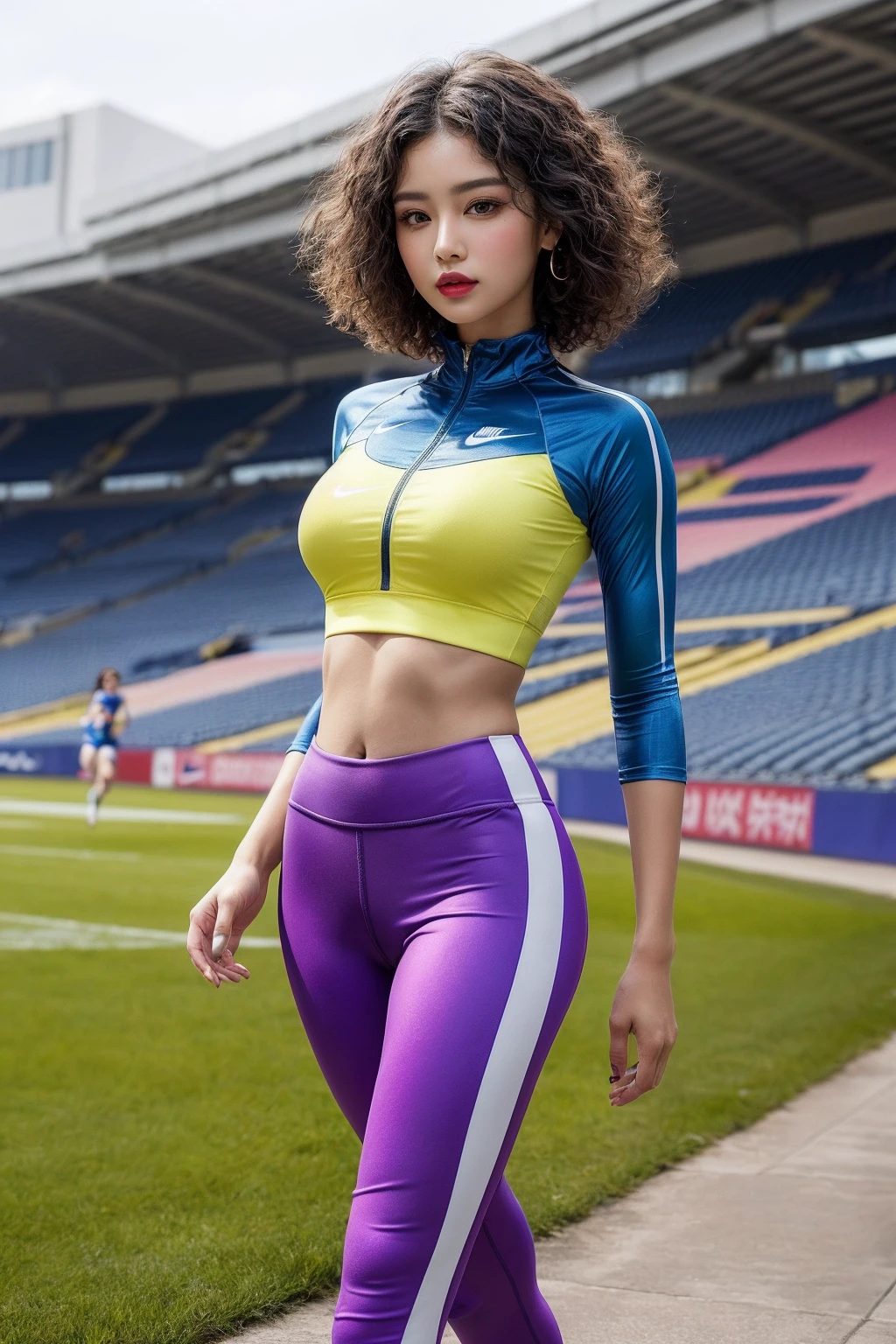 quality\(((extremely Hyper high resolution))), (((photorealistic Realism in 16k to 32k Quality UHD, HDR, masterpiece))),\ vivid colors (vivid colors, multicolor ((purple:0.35, white, black, yellow, red, blue)) in her outfit:1.3), (ultra-fine digital art)\, [(eyes:vibrant)]:{((Hyper absurd details of realistic perfectly round [eyes:brown:1.4]) in hyper absurd quality and resolution)}, (the most absurd quality perfect eyes), ((natural super beautiful cute sharp-face)), (light pale complexion), ((clear no blur and sharp perfect round finely detailed pupils)), BREAK, detailed lips:1.3, [(pink_makeup: 1.3)], [long blue: eyeliner:1.25], [(red: lipstick:1.3)], [(perfect dark_eyeshadows:1.42)], (super detail professional [eyes: makeup: 1.3]), (Detailed nose: 1.2), BREAK,\((Beautiful girl with long legs and good style:1.4)), (highest quality texture skin), (Highly quality texture hair), (curly hair, ((slicked to the two side)), intricately details:1.3), (perfect proportions), (narrow waist:1.3), (small ass), perfect thighs, beautiful cheekbones, slim belly: 1.2, ((slim-muscled body:1.3)), in (sport style([red: running epic pants]), extremely details:1.3), and [black: sports crop top], [yellow: footwear(sneakers):1.23], ((Wearing nike: [ultra smooth], Wearing tight fitting outfit:1.3)), ((very dynamic pose, while running:1.45)), official art, Professional, Ultra intricately detailed in 16k to 32k, (light pale complexion), ((full body shot:1.2)), ((in the stadion Grass:1.3)), 