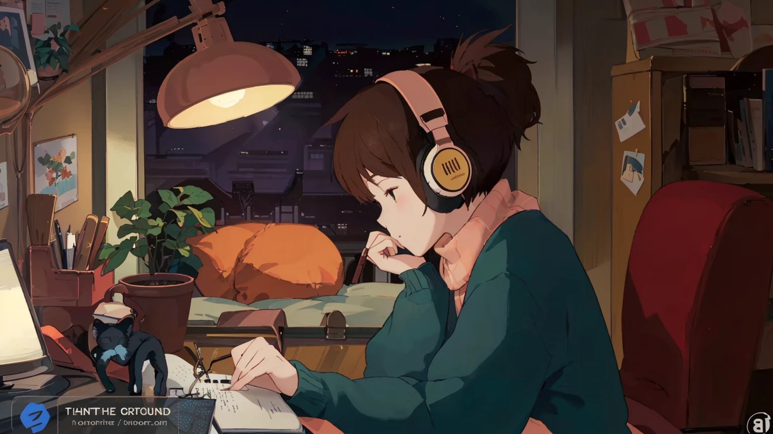 A detailed illustration of a brown-haired young woman wearing "LOFI" brand headphones, sitting at a wooden desk and writing in a notebook. She is wearing a red sweater and a white scarf. The setting is a cozy, dimly lit room at night with a city view from the window. There are various items on the desk, including a potted plant, a pencil holder, scissors and a laptop with a web page open. An orange cat is sleeping behind the potted plant. The room also has other decorations, such as a shelf filled with books, a lamp, small toys and photos. The overall atmosphere is peaceful and studious. An anime-style illustration of a woman wearing headphones studying at her desk. A night cityscape can be seen in the background, and a row of potted plants and stationery on the desk. We can also see a cat sleeping behind her.
