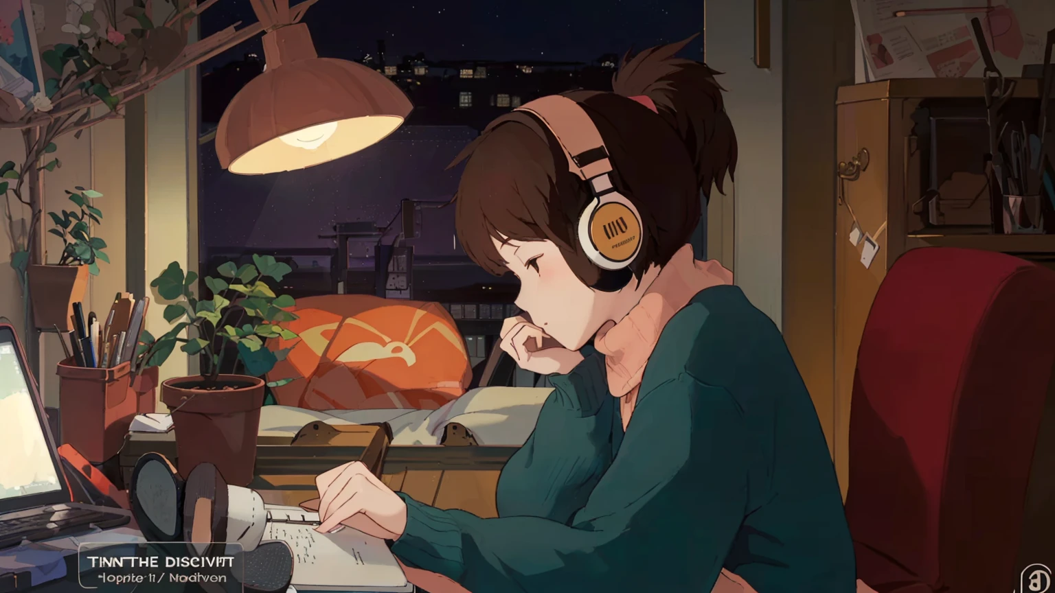 A detailed illustration of a brown-haired young woman wearing "LOFI" brand headphones, sitting at a wooden desk and writing in a notebook. She is wearing a red sweater and a white scarf. The setting is a cozy, dimly lit room at night with a city view from the window. There are various items on the desk, including a potted plant, a pencil holder, scissors and a laptop with a web page open. An orange cat is sleeping behind the potted plant. The room also has other decorations, such as a shelf filled with books, a lamp, small toys and photos. The overall atmosphere is peaceful and studious. An anime-style illustration of a woman wearing headphones studying at her desk. A night cityscape can be seen in the background, and a row of potted plants and stationery on the desk. We can also see a cat sleeping behind her.