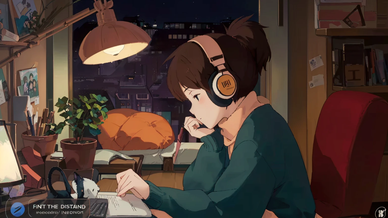 A detailed illustration of a brown-haired young woman wearing "LOFI" brand headphones, sitting at a wooden desk and writing in a notebook. She is wearing a red sweater and a white scarf. The setting is a cozy, dimly lit room at night with a city view from the window. There are various items on the desk, including a potted plant, a pencil holder, scissors and a laptop with a web page open. An orange cat is sleeping behind the potted plant. The room also has other decorations, such as a shelf filled with books, a lamp, small toys and photos. The overall atmosphere is peaceful and studious. An anime-style illustration of a woman wearing headphones studying at her desk. A night cityscape can be seen in the background, and a row of potted plants and stationery on the desk. We can also see a cat sleeping behind her.