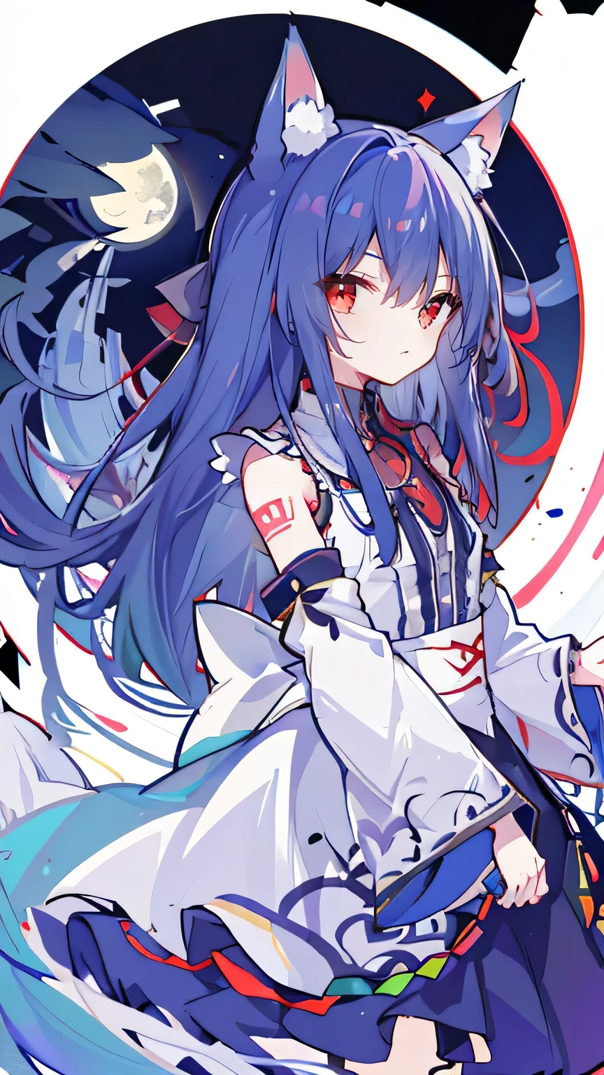 1girll， themoon， The bird， star_\（Skysky\）， long_hair， starry_sky， （（Blue_hair）））， critters， Wide_sleeves， natta， florals， night_sky， embrace， very_long_hair， full_moon， looking_at_viewer， ribbon_trim， Ribbon trimmed_sleeves， long_sleeves， a skirt， red_eyes， solo， japanese_clothes， Skysky，（（medium））， （（Tattooed with）））， fox ear， fox tails， girl fox，