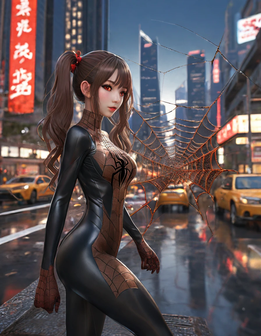 (masterpiece, best quality), intricate details, 8k, artstation, wallpaper, official art, splash art, sharp focus,, 1girl, long hair, twin tails, red eyes, brown hair, , spider suit, spider web printing, spider web, , skyscrapers, city, buildings, cars, street,