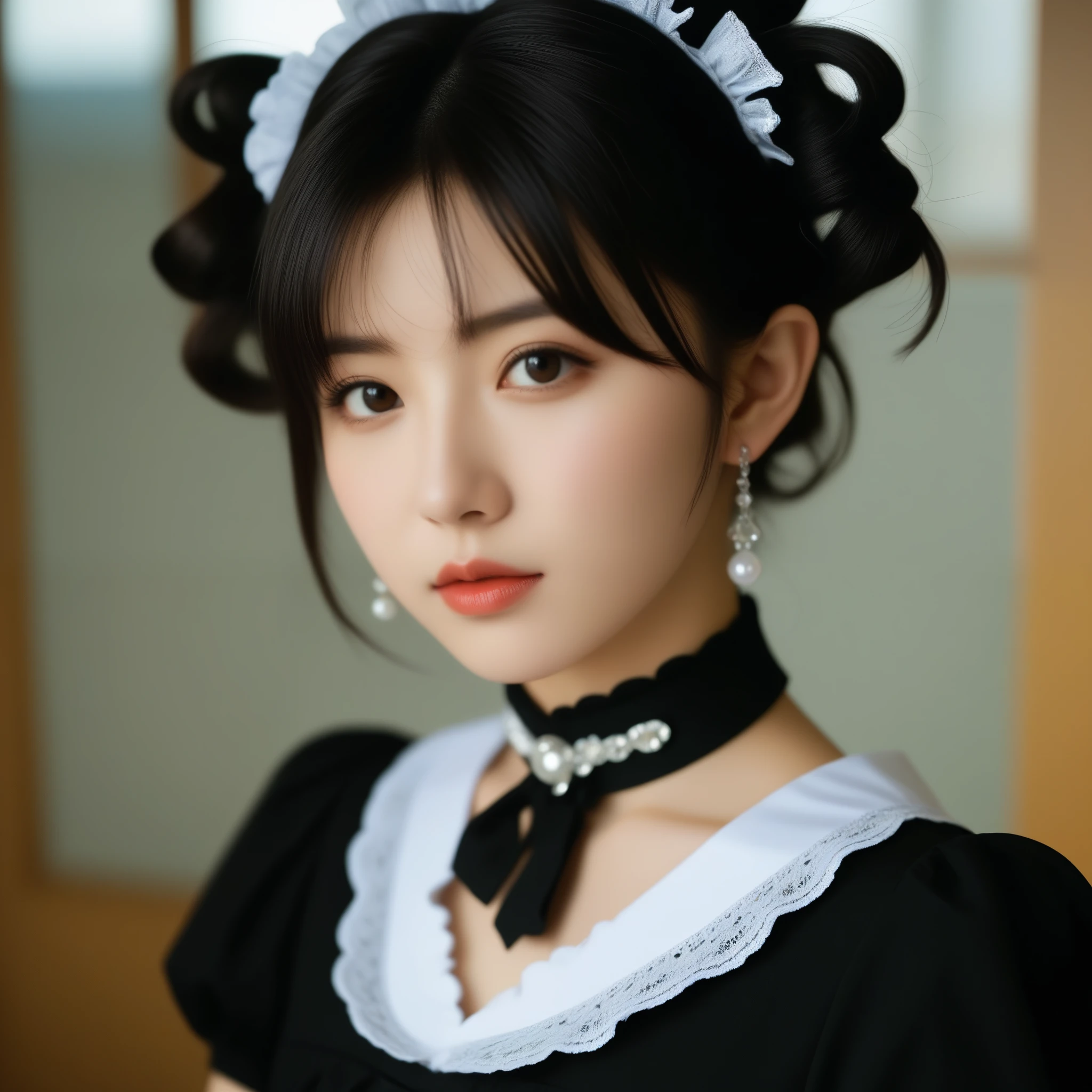 8k, Ultra-high resolution, Highest quality, masterpiece, 三分割法によるphotograph,Surreal, photograph, 1 Girl, (:1.3), pretty girl, Cute Face, Beautiful eyes in every detail, 細かくdetailedに,masterpiece,One Girl:1.2,Japanese female announcer,extream close up,Serious expression,Black short hair,Short ponytail,Maid Android,((Fusion of Gothic Lolita and La fashion:1,bracelet, chest, choker, clavicle, Earrings,Futuristic cityscape ,Perfect and beautiful face ,完璧でCute Face, Skin with attention to detail, Perfect limbs、Narrow waist,Looking at the audience,(((Ideal body type))),Aカップの小さなchest :2,Portraiture:2,Perfect Anatomy,鮮明なdetailed,detailed,Surreal,Light and shadow,spotlight