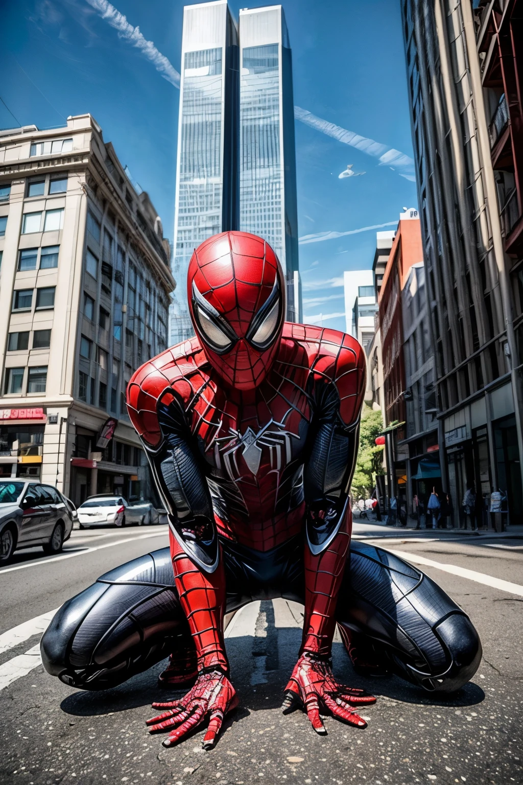 ((best quality)), ((masterpiece)), (detailed), robotic spiderman(full robot costum), (wearing gas mas)k is floating while shooting the webs wichis it comes out from his hands, in the city building from the outside 360° view at noon, sunset, the sky, clouds, builings, (colorfull)
