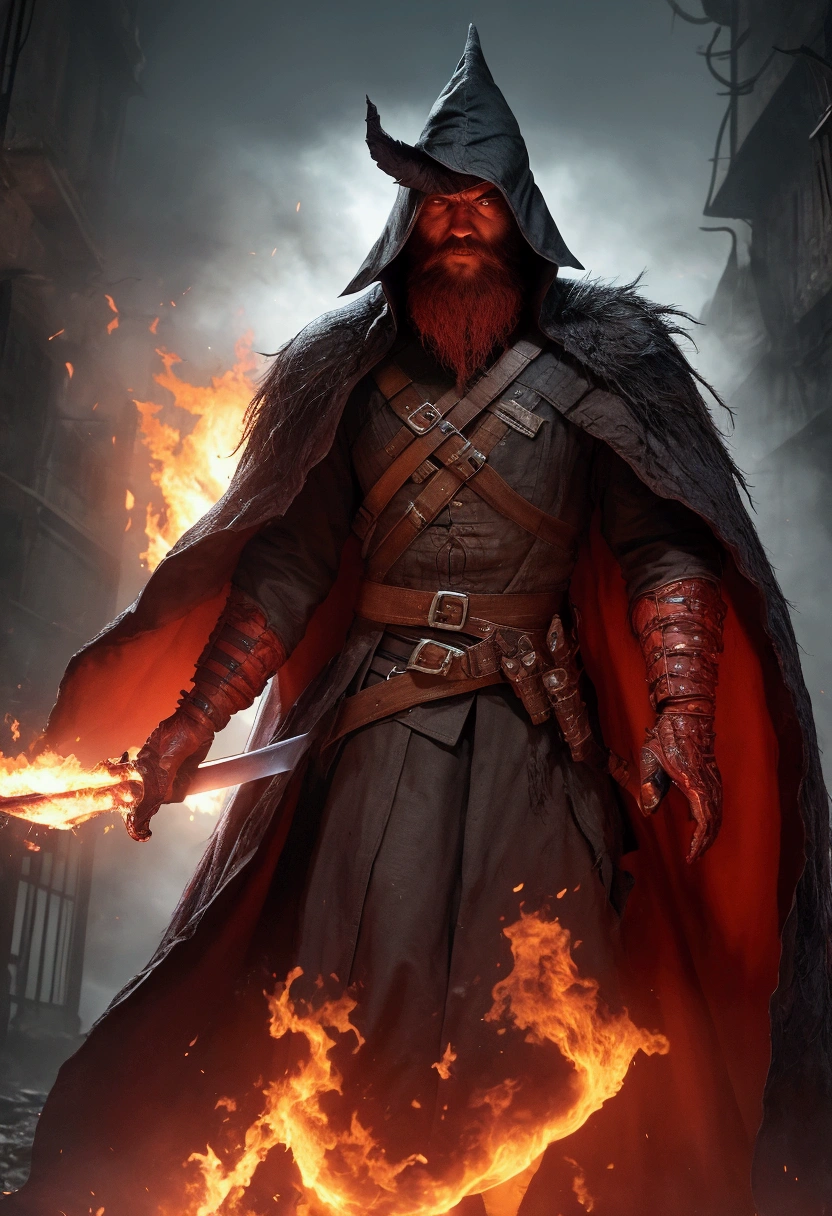 Male 1,80 Wears a full-body reddish robe reminiscent of the Hunter from Bloodborne.. His hair is red and short. His eyes are blue、The left eye is closed、Starting from the first eyelid、Scarred down to the last eyelid。. He has a thick beard、the skin is white。. He holds a large sword in his right hand., On the left is a Guts-shaped prosthetic arm.. With my whole body engulfed in flames、The creatures of the night々I am staring at。.