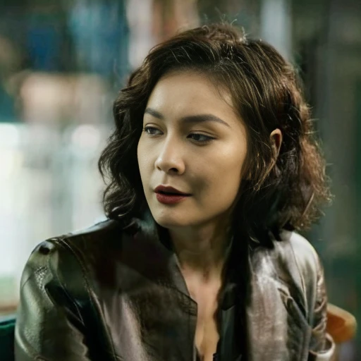 Realism, filming, Girl 23 years old, brunette, short haircut, big butt, ideal figure, wearing a leather coat, leather skinny pants, leather gloves. She is sitting on a chair